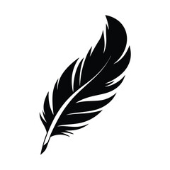 A monochrome black feather is curved slightly inward against the white background here
