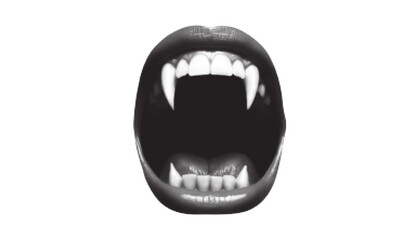 Halftone screaming gothic horror vampire mouth. Dotted icon of wide open lips with fangs in pop art style. Retro collage design element.  