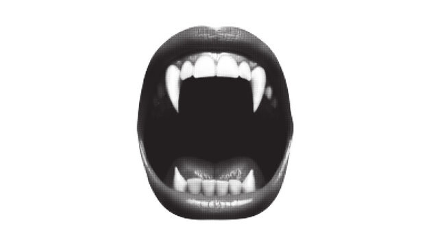 Halftone screaming gothic horror vampire mouth. Dotted icon of wide open lips with fangs in pop art style. Retro collage design element.  