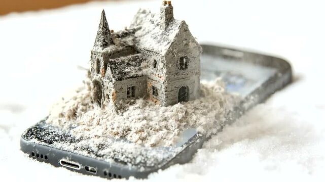 A miniature, dilapidated house sits atop a pile of dust, resting atop a smartphone.