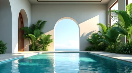 A surreal 3D rendering of a pool inside a room with a large archway and tropical plants