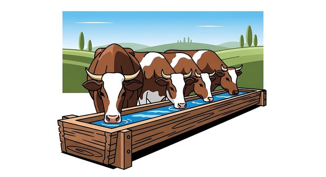 Brown and White Cows Drinking Water from a Trough.