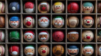 Fototapeta premium Unique Collection of Painted Baseballs Featuring Holiday Characters