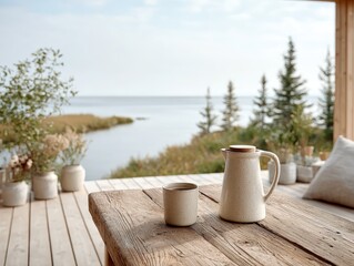 Peaceful morning coffee on a wooden deck overlooking the ocean. Enjoy the tranquil view and serene atmosphere of this cozy cottage setting.