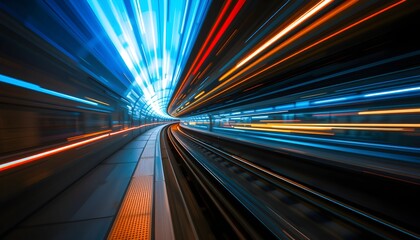 Long exposure shot of a subway tunnel with vibrant light trails, conveying speed and modern urban transport.