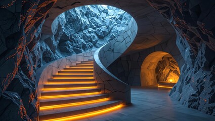 A realistic image of a spiral staircase made of stone walls, illuminated by lights that cast an orange glow