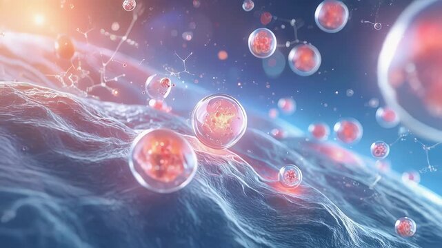 Hopeful abstract scientific background of glowing cell and molecule regeneration for futuristic medical technology research