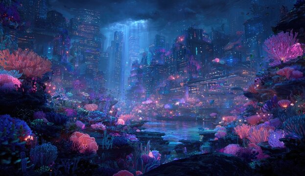 Magical underwater coral reef with glowing bioluminescent plants and a mystical light beam.