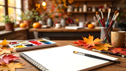 A vibrant autumnal workspace scene with a blank sketchbook and paintbrushes in the foreground on the right side of the image
