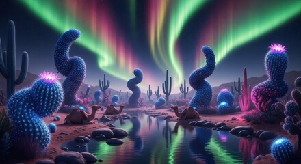 Enchanting desert landscape under vibrant aurora borealis magical night sky reflection