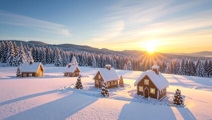A captivating photo of a Gingerbread Village at sunset in a snowy landscape, The scene should be depicted in a realistic style
