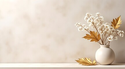 A minimalist beige stone product display image featuring a small vase of white flowers on the right side