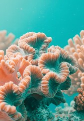 Obraz premium Close-up of vibrant coral formations with intricate patterns and textures against a clear turquoise ocean backdrop.