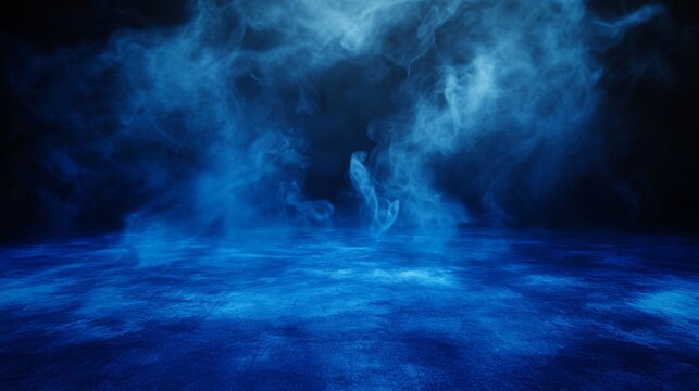 Ethereal blue smoke swirling on dark stage with mysterious atmosphere