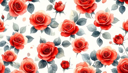 エレガントな赤バラの水彩フローラルパターン｜背景・テキスタイル用Elegant Watercolor Red Roses Floral Pattern | Background & Textile Design