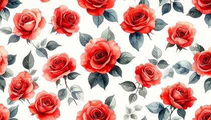 Fototapeta premium エレガントな赤バラの水彩フローラルパターン｜背景・テキスタイル用Elegant Watercolor Red Roses Floral Pattern | Background & Textile Design