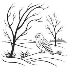 Stylized black and white illustration of a snowy owl perched on a snowy landscape with bare trees