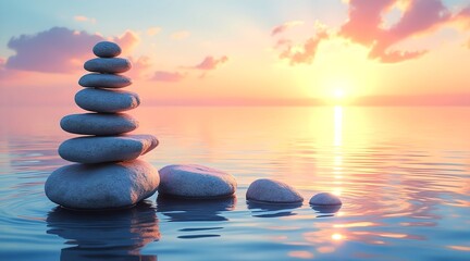 A pastel sunset painting over calm water with balanced stones, The sunset should be positioned on the left side of the canvas