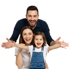 Family of Three with Outstretched Hands – Joyful, United, and Full of Love