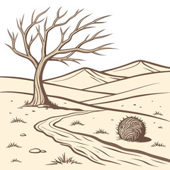 Stylized illustration of a barren desert landscape with a lone dead tree and a tumbleweed rolling by