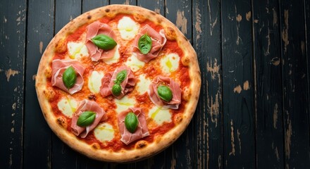 Delicious Freshly Baked Italian Pizza with Prosciutto Mozzarella and Basil Leaves
