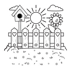 Coloring. Design of a cozy courtyard in cartoon style.