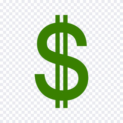 US dollar sign. Vector illustration of green symbol icon on transparent background.