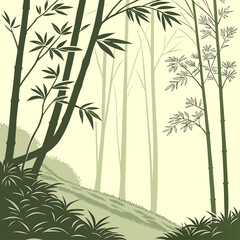 Stylized illustration of a dense bamboo forest with layered green stalks and delicate leaves against a pale background