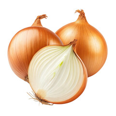 Fresh ripe golden onions one halved revealing white layers and texture isolated on transparent background
