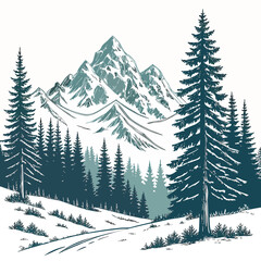 Majestic snow capped mountains rise behind a dense forest of pine trees in a serene winter landscape
