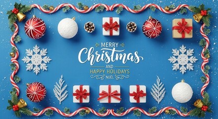 Festive Merry Christmas and Happy Holidays with Gifts Ornaments and Snowflakes Decorations