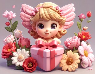 Cute cherubic angel with gift