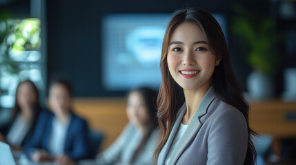 Smiling Asian businesswoman presenting data on screen to colleagues in conference room