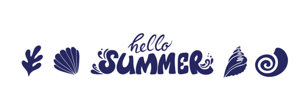 Hello Summer Typography. Summer lettering design with stylised seashells, coral. Vector typography illustration for seasonal posters, cards, banners, beach party invitations, and holiday branding.