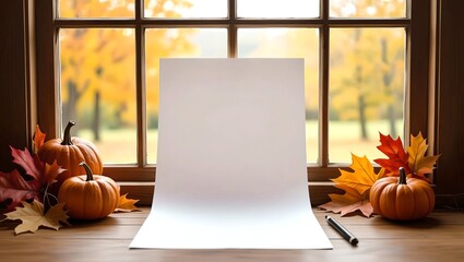 Autumn themed artwork featuring a blank paper on a wooden desk with an autumn window view in a watercolor style