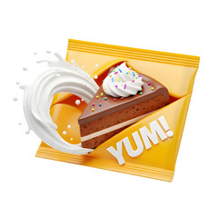 Delicious chocolate cake slice with whipped cream isolated on transparent background, 3d