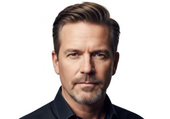 Close up portrait of a serious man isolated on transparent background