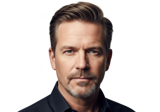 Close up portrait of a serious man isolated on transparent background