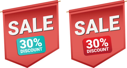 Two red banners announcing 30 percent sale discount special offer festive retail promotion shopping event vector