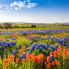 Colorful wildflowers blanket a Texas prairie under a clear sky