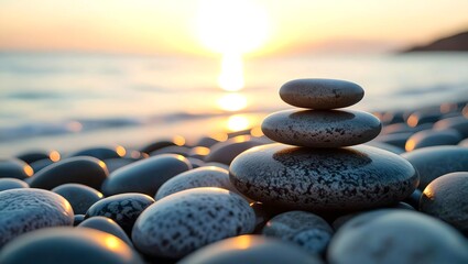 A tranquil warm sunset light on smooth beach stones with sparkling teal tones, Position your subject in a prominent location