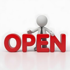 3D Business Person Announces "OPEN" Sign