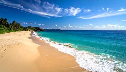 Obraz premium A vibrant beach scene with turquoise water, golden sand, lush greenery, and a bright blue, cloud-streaked sky