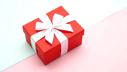 A red gift box adorned with a white bow sits atop a pastel colored surface