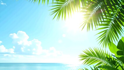 An image featuring a tropical scene with lush green leaves and a bright sun shining through them