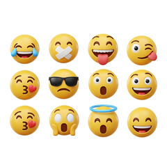 Fototapeta premium A grid of twelve yellow emoji faces expressing various emotions like joy, sadness, surprise, and love, isolated on white background
