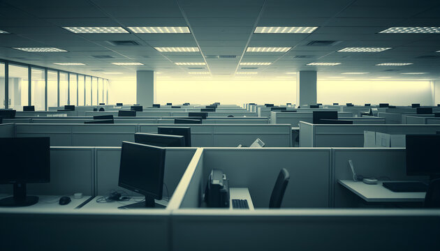Desaturated office environment, cubicles, computer screens, boring routine, minimalist composition, cold lighting, corporate lifestyle, professional photography, emptiness feeling