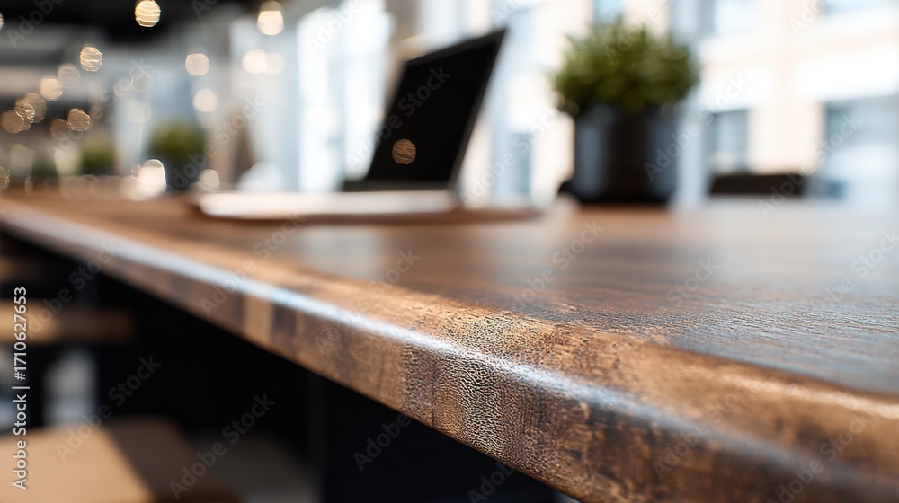 Poster detailed medium shot capturing a wellcrafted laminate desk edge in clear focus with a blurred work e