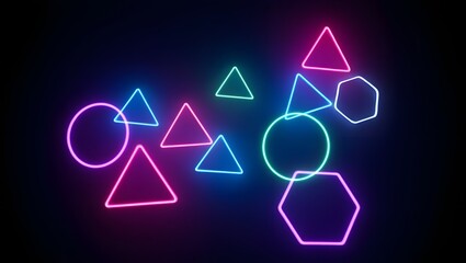 Abstract neon geometric shapes glowing in vibrant pink blue and green on a dark background