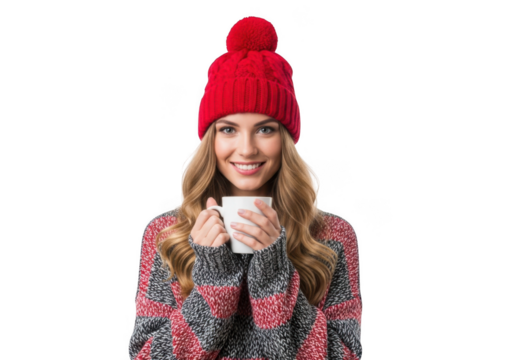 Woman in red hat and patterned coat holding mug isolated on transparent background